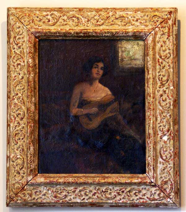 Woman Playing Guitar Charles P Grupp 18601940 Oil on Upsom Board